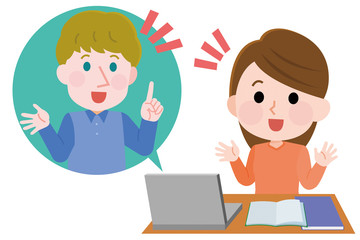 オンライン　英会話　習う女性　男性教師　イラスト