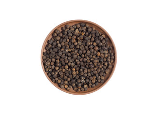 Spice black pepper on brown clay plate isolated on white