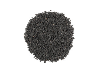 Round bunch of black cumin isolated on white