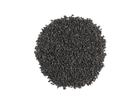 Round bunch of black cumin isolated on white