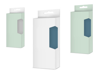 Blank empty paperboard box with transparent plastic window and hang hole isolated on white background, vector template