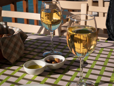 Glasses Of White Wine In Crete, Greece