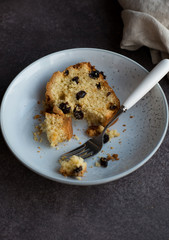 Slices of homemade raisin loaf cake. Raisin bread cake