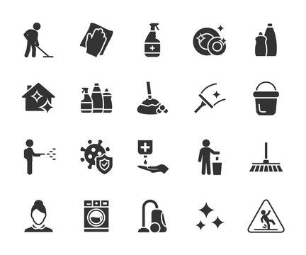 Vector set of cleaning flat icons. Contains icons disinfection, detergents, maid, laundry, cleaning services, wet floor, virus protection and more. Pixel perfect.