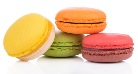 Sweet and colourful french macaroons on white background, Dessert.
