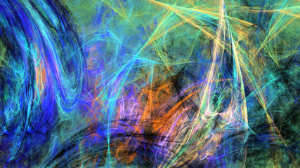 Abstract blue and green chaotic shapes. Colorful fractal background. Digital art. 3d rendering.