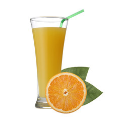 Glass of orange juice and slices of orange fruit isolated on white