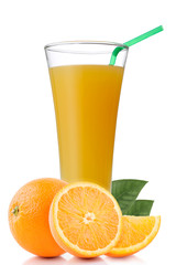 Glass of orange juice and slices of orange fruit isolated on white