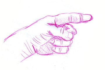 Sketch or drawing of a hand pointing in pink coloured pencil. White background.