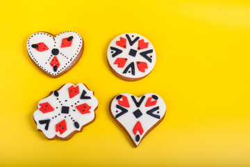 Milk and cookies for Easter, Christmas, 1st of March, 8th of march, Martenitsa or Martisor Day, Xmas, Valentine's Day Brunch buffet concept.Handmade dessert artisanal authentic and traditional pattern