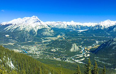 Bird view of Banff town in Alberta national park, Canada 2020