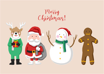 Merry Christmas Cute Cartoon Characters; Santa Claus, Reindeer, Gingerbread, Cookie Man, Snowman. Isolated Vector Illustration.