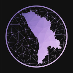 Moldova icon. Vector polygonal map of the country. Moldova icon in geometric style. The country map with purple low poly gradient on dark background.