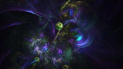 Abstract colorful blue and green glowing shapes. Fantasy light background. Digital fractal art. 3d rendering.