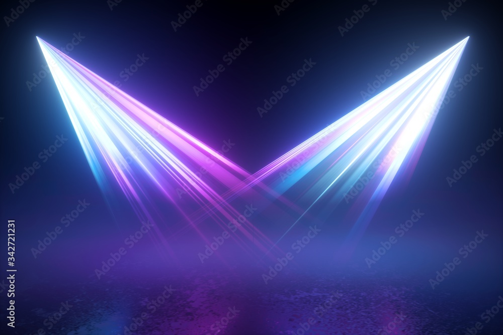 Poster 3d render. blue violet disco illumination. searchlights in the dark. abstract background with two pr