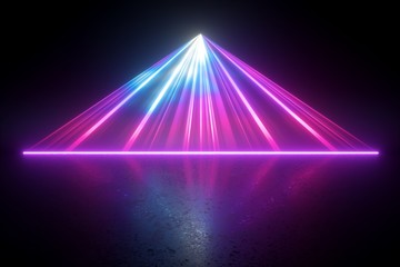 Naklejka na ściany i meble 3d render, digital illustration. Neon light abstract background, pink blue rays, projecting laser, scanning effect, bright stage projector