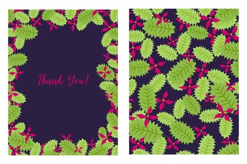 Thank You card with floral pattern. Flat style hand drawn illustrations with copy space for text. Simple cartoon design.