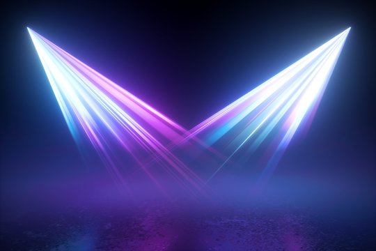 3d render. Blue violet disco illumination. Searchlights in the dark. Abstract background with two projectors, neon lights shining on the empty stage. Laser rays beam