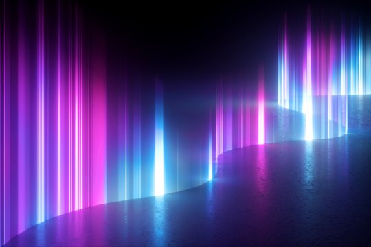3d render, digital illustration. Abstract neon light background, artificial aurora borealis vertical rays, northern lights, glowing plasma effect. Mysterious geomagnetic phenomenon