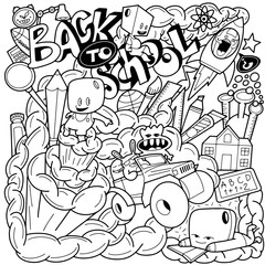 Cute hand-drawn school related doodle with creatures, monsters and the text 