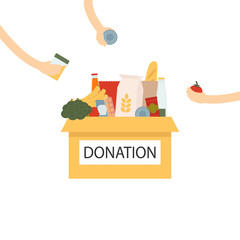 Coronavirus donation food. Donation box with food and hands giving goodies. Box with different types of food supplies. Vector Illustration