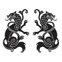 Two wolves of Odin - Geri and Freki, Scandinavian and Celtic style - obrazy, fototapety, plakaty