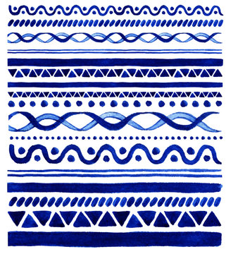 Fototapeta Blue Watercolor Borders Set. Isolated Brushes for frame design. Hand painted watercolor art