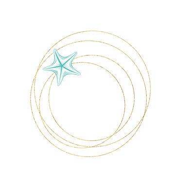 recommend clip art: Marine art wreath, seastar and ocean seashell sketch circles, vector gold geometric frame. Turquoise underwater reef corals on white background for wedding, summer travel and tropical vacations design