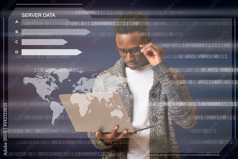 Poster Black hacker holding laptop looking at database server