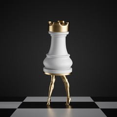 3d render, surreal concept, chess game piece, white rook standing, object with golden slim model legs, classic checkered floor, abstract modern minimal design