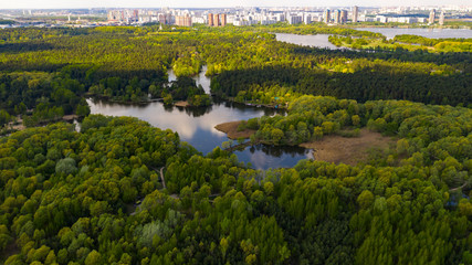 Fototapeta na wymiar Aerial landscape photo of Moscow city, Russia. Green park. Natural scenery. Pine forest. drone photo