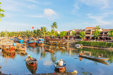 Aerial view of Hoi An ancient town, UNESCO world heritage, at Quang Nam province. Vietnam. Hoi An is one of the most popular destinations in Vietnam. Boat on Hoai river