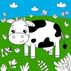 coloring book cow on the meadow