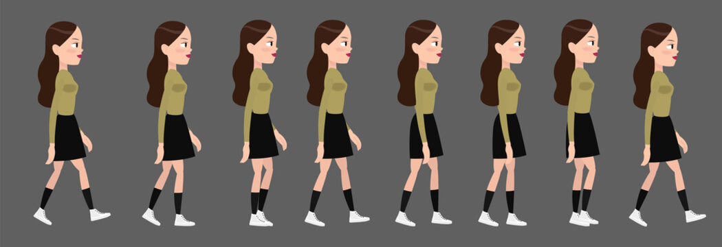 Full cycle animation of girl's walking. Female gait. Petty student or teenager in modern clothes