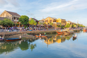 Fototapeta na wymiar Aerial view of Hoi An ancient town, UNESCO world heritage, at Quang Nam province. Vietnam. Hoi An is one of the most popular destinations in Vietnam. Boat on Hoai river