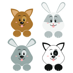 Set of cute vector animals illustration. Little gray, brown and white vector dog with gray bunny for web, cards, children's books.