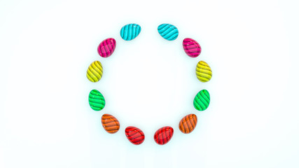 Easter eggs holiday colorful circle pattern red orange green yellow pink blue egg paper background 3d render closeup topview frame spring bright color rainbow shape sweet wreath white modern event
