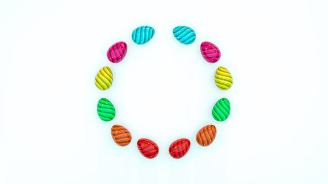 Easter eggs holiday colorful circle pattern red orange green yellow pink blue egg paper background 3d render closeup topview frame spring bright color rainbow shape sweet wreath white modern event