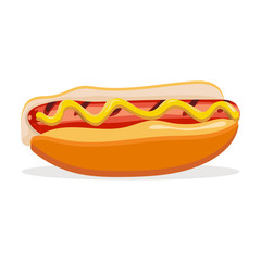 Stock vector illustration of hot dog isolated on white background. Delicious fast food best choice. Design for wide variety of posters, menus, brochures, web, fast food icons and ets.