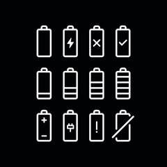 Outline black battery icons set on isolated black background