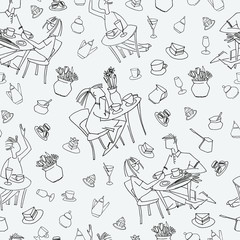 Obraz premium Seamless pattern made of cafe scenes and objects. Outlined hand drawn vector illustrations. Black on white