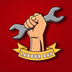 happy labor day poster or banner. 1 May International Labor Day. illustration of a hand holding a wrench on a red background.