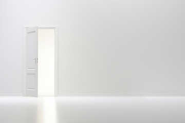 ajar door and light through it into a white room. 