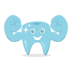 dental strong cartoon vector illustration with smile face and showing muscle hand , good for dental health care. flat color style