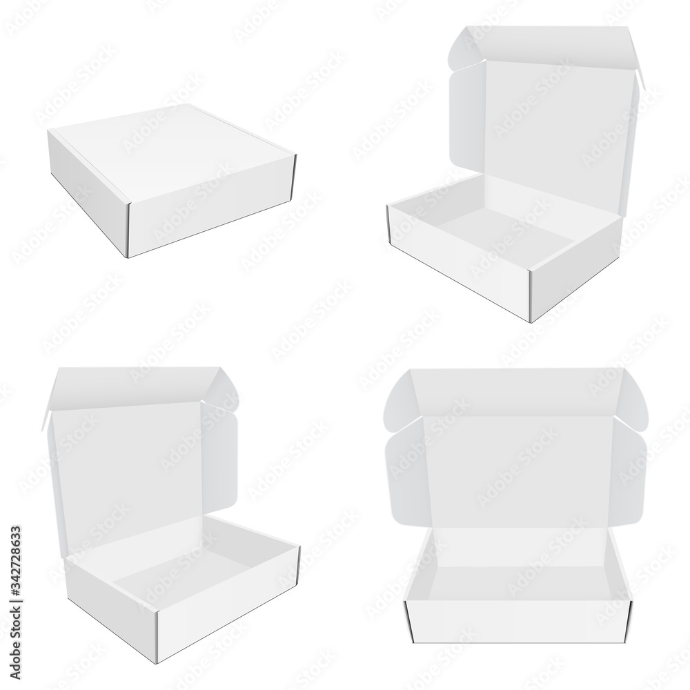 Poster set of mailing paper boxes with various views isolated on white background. vector illustration