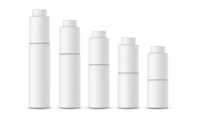 Set of cosmetic packaging various sizes, dropper bottle with pump cap. Vector illustration