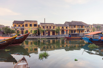 Panorama Aerial view of Hoi An ancient town, UNESCO world heritage, at Quang Nam province. Vietnam. Hoi An is one of the most popular destinations in Vietnam. Boat on Hoai river