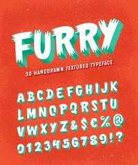 Furry. Retro Styled Funny 3D Hand Drawn Alphabet. Letters, Numbers and Symbols. 