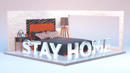 Bedroom 3d design orange modern room interior home design sign stayhome covid-19 coronavirus silver letters symbol grunge wallas stylish bed center abrstract architecture comfort isolation metal white