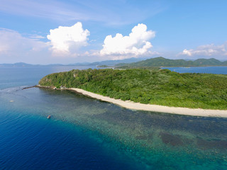 Fototapeta premium Lombok Indonesia, 4 July 2020: Boats at sea parking in Gili Trawangan Island. Aerial view of Gili Trawangan 